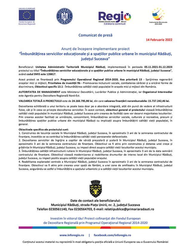 Anunț de începere implementare proiect “Îmbunătățirea serviciilor educaționale și a spațiilor publice urbane în municipiul Rădăuți, județul Suceava”