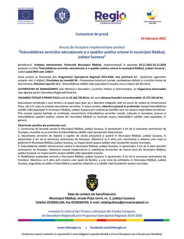 Anunț de începere implementare proiect “Îmbunătățirea serviciilor educaționale și a spațiilor publice urbane în municipiul Rădăuți, județul Suceava”