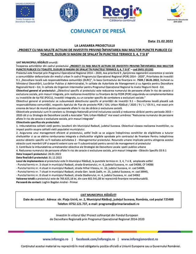 LA LANSAREA PROIECTULUI „PROIECT CU MAI MULTE ACTIUNI DE INVESTITII PRIVIND ÎNFIINTAREA MAI MULTOR PUNCTE PUBLICE CU TOALETE, DUSURI SI MASINI DE SPALAT ÎN PUNCTELE TERMICE 3, 4, 7 SI 8”