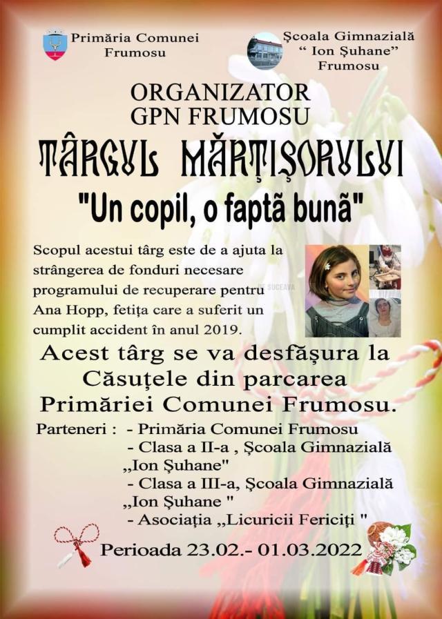 „Târgul mărțișorului – Un copil, o faptă bună!”, strângere de fonduri pentru Ana Hopp, o adolescentă foarte bolnavă care are nevoie de terapie