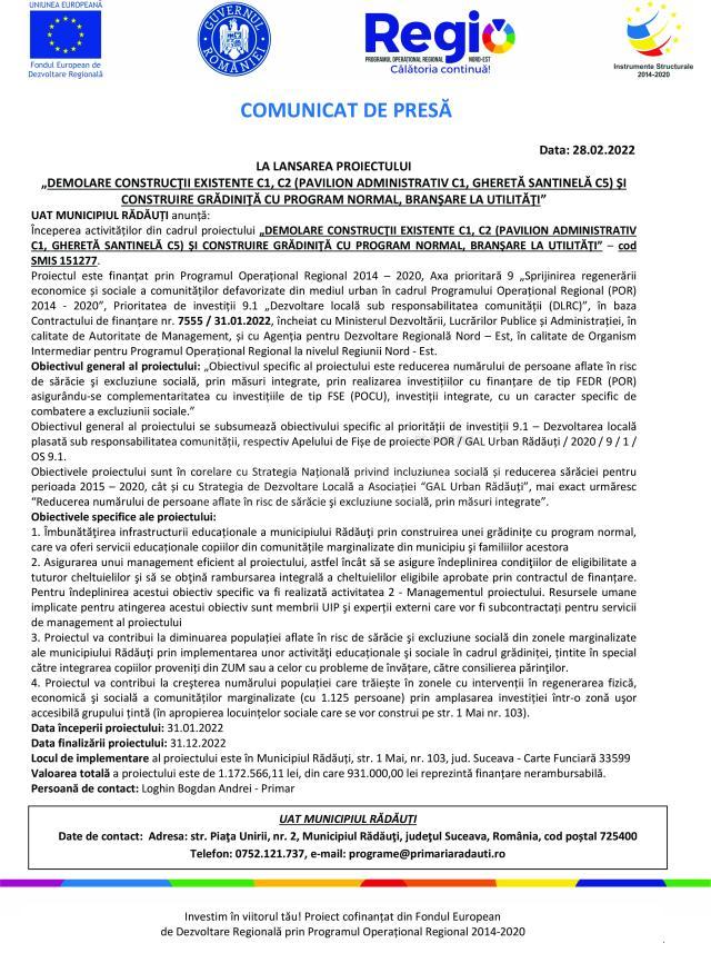 COMUNICAT DE PRESĂ LA LANSAREA PROIECTULUI „DEMOLARE CONSTRUCŢII EXISTENTE C1, C2 (PAVILION ADMINISTRATIV C1, GHERETĂ SANTINELĂ C5) ŞI CONSTRUIRE GRĂDINIŢĂ CU PROGRAM NORMAL, BRANŞARE LA UTILITĂŢI”