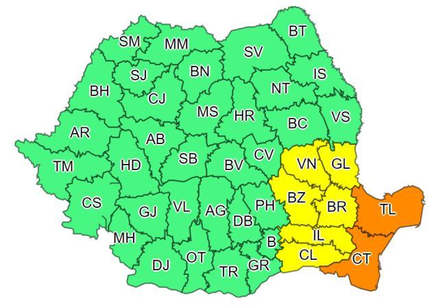 Pentru zona de sud-est a țării sunt emise atenționări de tip cod galben, dar și cod portocaliu, de ninsori însemnate cantitativ