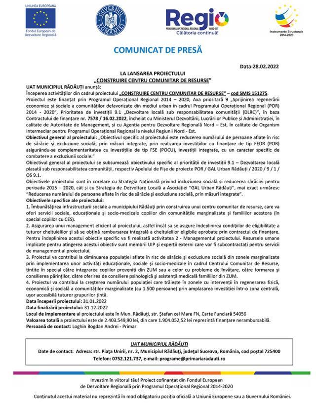 LA LANSAREA PROIECTULUI „CONSTRUIRE CENTRU COMUNITAR DE RESURSE”