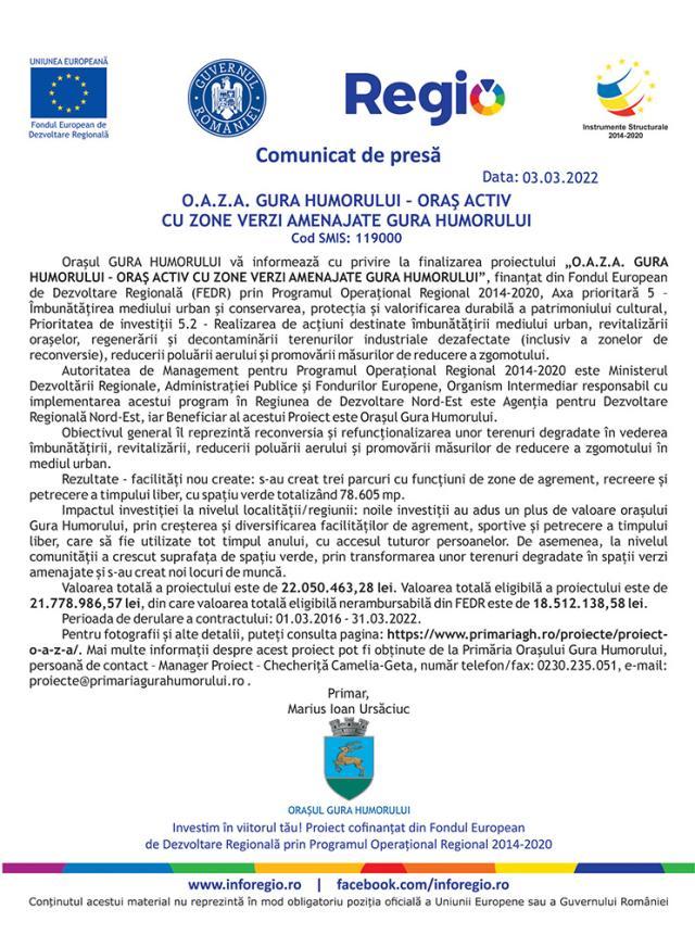 O.A.Z.A. GURA HUMORULUI – ORAŞ ACTIV CU ZONE VERZI AMENAJATE GURA HUMORULUI