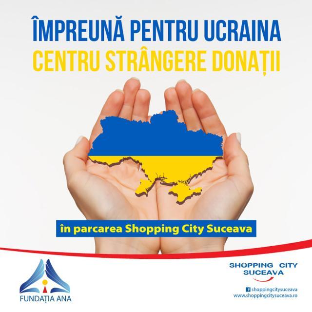 Centru de strângere a donațiilor pentru refugiații din Ucraina, în parcarea Shopping City Suceava