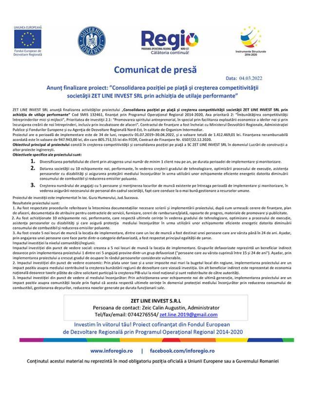 Anunț finalizare proiect: ”Consolidarea poziției pe piaţă și creşterea competitivităţii societăţii ZET LINE INVEST SRL prin achiziția de utilaje performante”