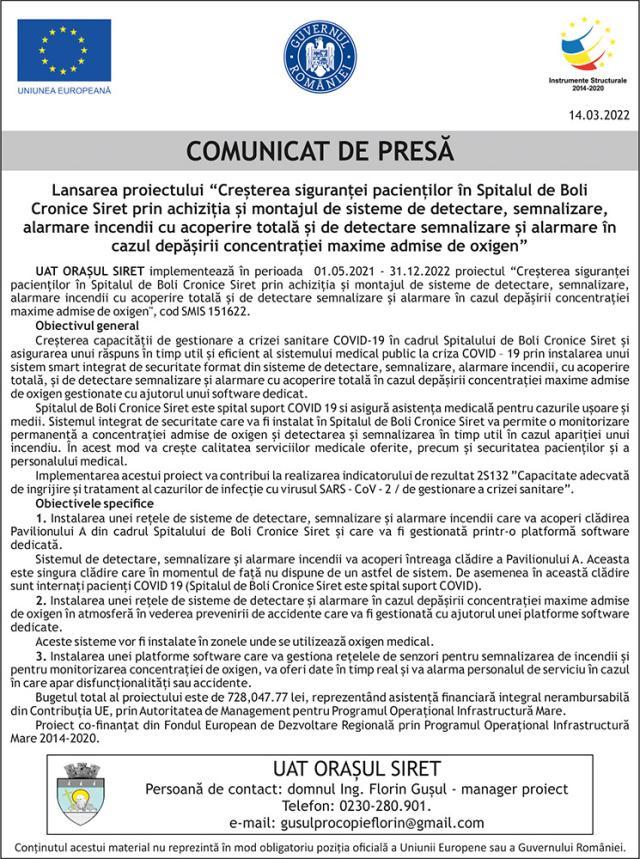 Lansarea proiectului “Creșterea siguranței pacienților în Spitalul de Boli Cronice Siret"