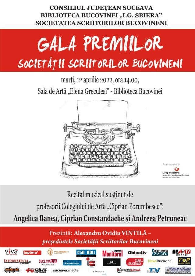 Gala Premiilor Societății Scriitorilor Bucovineni, marți, la Biblioteca Bucovinei
