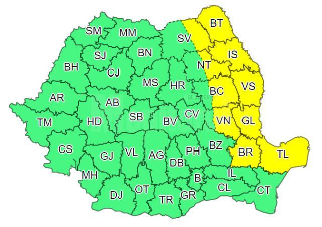 Cod galben de vânt puternic, temperaturi negative și brumă