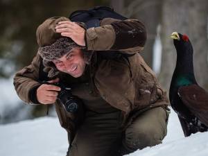 „Prietenie” neobișnuită între un cocoș de munte și un fotograf, în munții Bucovinei