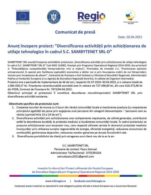 Anunț începere proiect: ”Diversificarea activității prin achiziționarea de  utilaje tehnologice în cadrul S.C. SAMBYTENET SRL‐D”