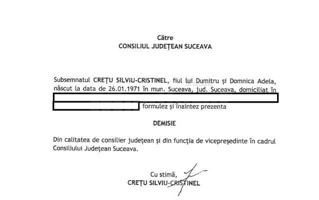 Vicepreședintele Consiliului Județean Suceava, Cristinel Crețu,  a demisionat din funcție
