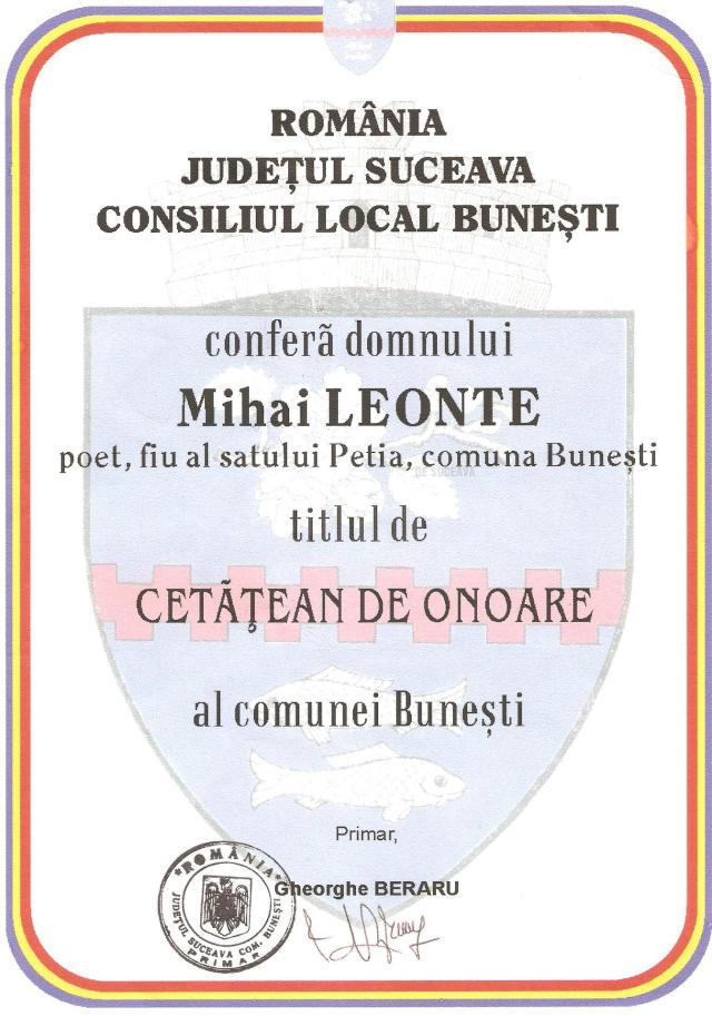 Poetul Mihai Leonte - Cetatean de Onoare