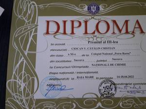 Premiul al III-lea la Olimpiada de Chimie pentru un elev de la Colegiul „Petru Rareș” Suceava