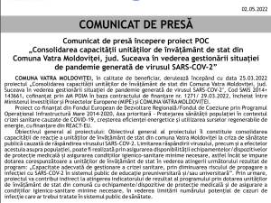 „Consolidarea capacității unităților de învățământ de stat din Comuna Vatra Moldoviței, jud. Suceava în vederea gestionării situației de pandemie generată de virusul SARS-COV-2”