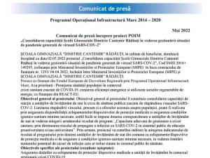 Comunicat de presă începere proiect POIM „Consolidarea capacității Școlii Gimnaziale Dimitrie Cantemir Rădăuți în vederea gestionării situației de pandemie generată de virusul SARS-COV-2”