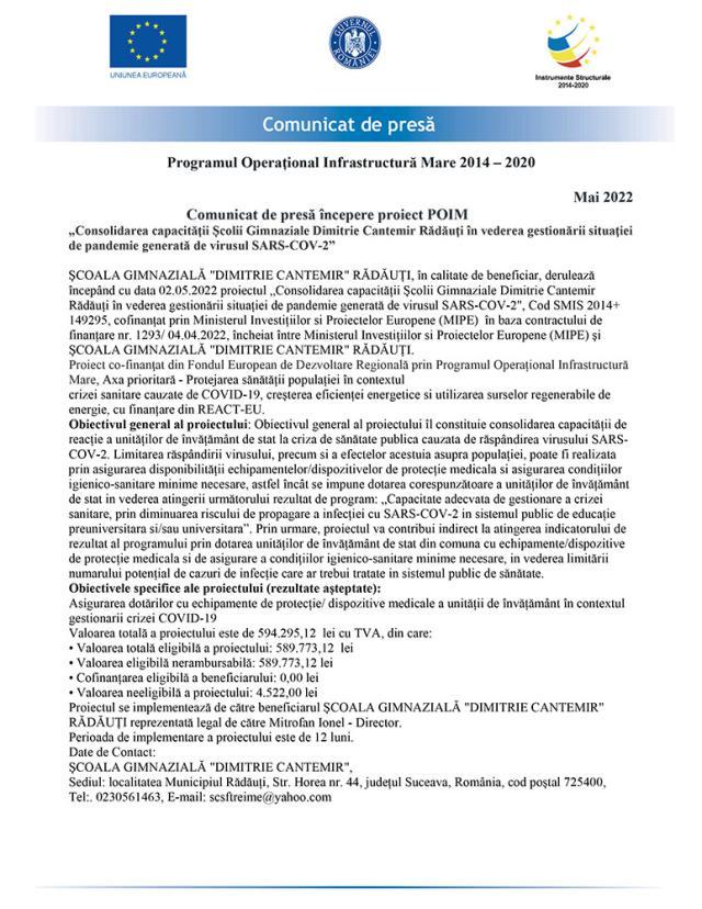 Comunicat de presă începere proiect POIM „Consolidarea capacității Școlii Gimnaziale Dimitrie Cantemir Rădăuți în vederea gestionării situației de pandemie generată de virusul SARS-COV-2”