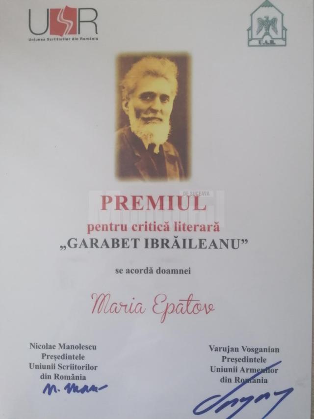 Prof. Maria Epatov de la „Eudoxiu Hurmuzachi” a obținut Premiul pentru critică literară, la Festivalul Național „Garabet Ibrăileanu”, ediția a V-a
