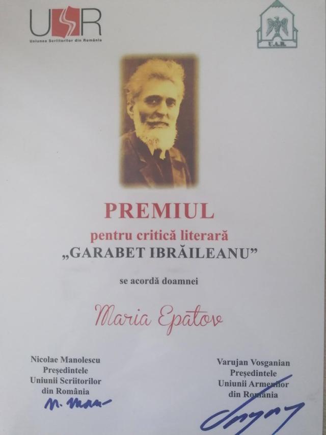 Prof. Maria Epatov de la „Eudoxiu Hurmuzachi” a obținut Premiul pentru critică literară, la Festivalul Național „Garabet Ibrăileanu”