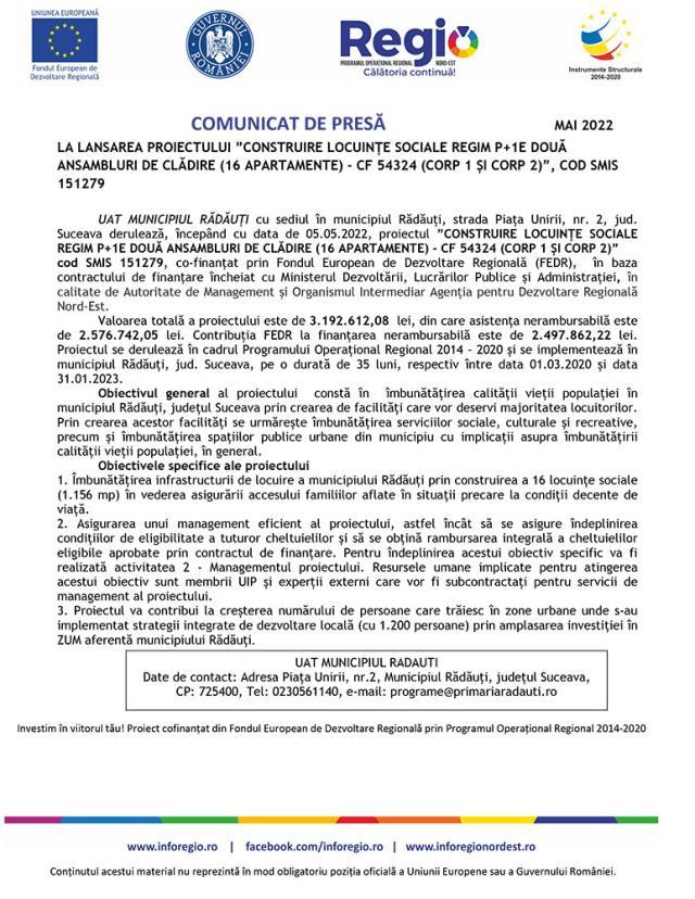 LA LANSAREA PROIECTULUI ”CONSTRUIRE LOCUINȚE SOCIALE REGIM P+1E DOUĂ ANSAMBLURI DE CLĂDIRE (16 APARTAMENTE) - CF 54324 (CORP 1 ȘI CORP 2)”, COD SMIS 151279