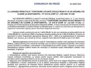 LA LANSAREA PROIECTULUI ”CONSTRUIRE LOCUINȚE SOCIALE REGIM P+1E UN ANSAMBLU DE CLĂDIRE (8 APARTAMENTE) - CF 54318 (CORP 3)”, COD SMIS 151280