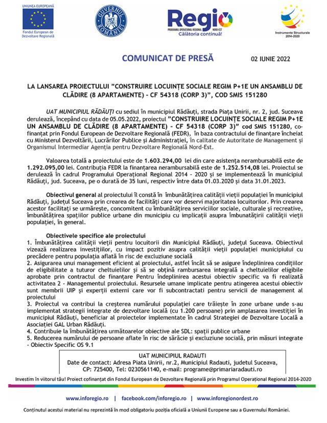 LA LANSAREA PROIECTULUI ”CONSTRUIRE LOCUINȚE SOCIALE REGIM P+1E UN ANSAMBLU DE CLĂDIRE (8 APARTAMENTE) - CF 54318 (CORP 3)”, COD SMIS 151280