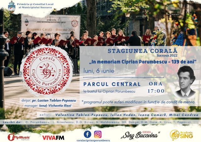 Concert coral „In memoriam Ciprian Porumbescu – 139 ani”, luni, la bustul lui Ciprian Porumbescu din Parcul Central