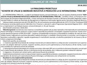 COMUNICAT DE PRESĂ LA FINALIZAREA PROIECTULUI ”ACHIZIȚIE DE UTILAJE ȘI ABORDARE INOVATIVĂ A PRODUCȚIEI LA SC INTERNAȚIONAL TYRES SRL”