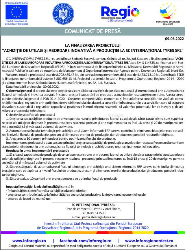 COMUNICAT DE PRESĂ LA FINALIZAREA PROIECTULUI ”ACHIZIȚIE DE UTILAJE ȘI ABORDARE INOVATIVĂ A PRODUCȚIEI LA SC INTERNAȚIONAL TYRES SRL”