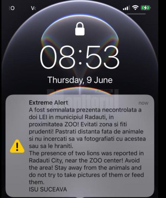 Localnicii au primit pe telefoanele mobile, în jurul orei 09.00, un mesaj de alertă maximă prin sistemul RO-Alert