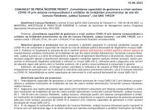 COMUNICAT DE PRESĂ ÎNCEPERE PROIECT „Consolidarea capacității de gestionare a crizei sanitare COVID-19 prin dotarea corespunzătoare a unităților de învățământ preuniversitar de stat din Comuna Fântânele, județul Suceava”, cod SMIS 149229