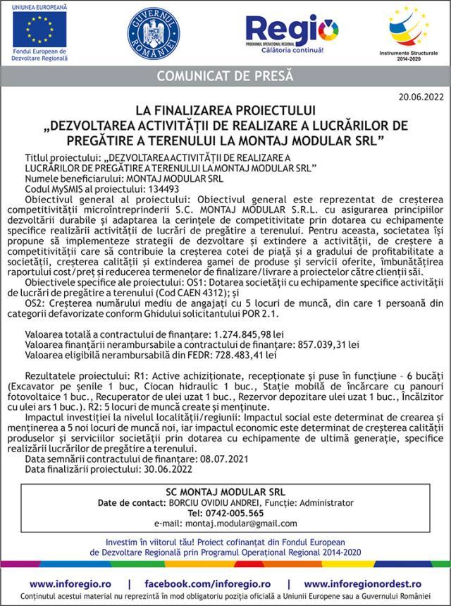 DEZVOLTAREA ACTIVITĂȚII DE REALIZARE A  LUCRĂRILOR DE PREGĂTIRE A TERENULUI LA MONTAJ MODULAR SRL