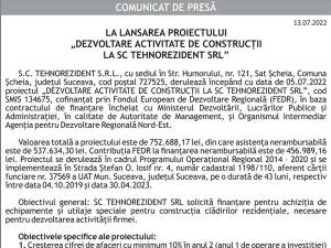 LA LANSAREA PROIECTULUI „DEZVOLTARE ACTIVITATE DE CONSTRUCŢII LA SC TEHNOREZIDENT SRL”