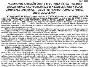 “AMENAJARE ARHIVA ÎN CORP B ŞI DOTAREA INFRASTRUCTURII EDUCAŢIONALE A CORPURILOR A, B ŞI A SĂLII DE SPORT A ŞCOLI GIMNAZIALE „MITROPOLIT IACOB PUTNEANUL”, COMUNA PUTNA, JUDEŢUL SUCEAVA”