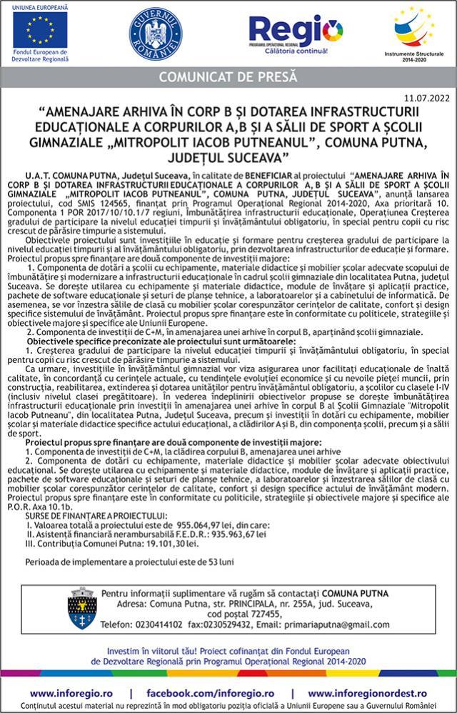 “AMENAJARE ARHIVA ÎN CORP B ŞI DOTAREA INFRASTRUCTURII EDUCAŢIONALE A CORPURILOR A, B ŞI A SĂLII DE SPORT A ŞCOLI GIMNAZIALE „MITROPOLIT IACOB PUTNEANUL”, COMUNA PUTNA, JUDEŢUL SUCEAVA”