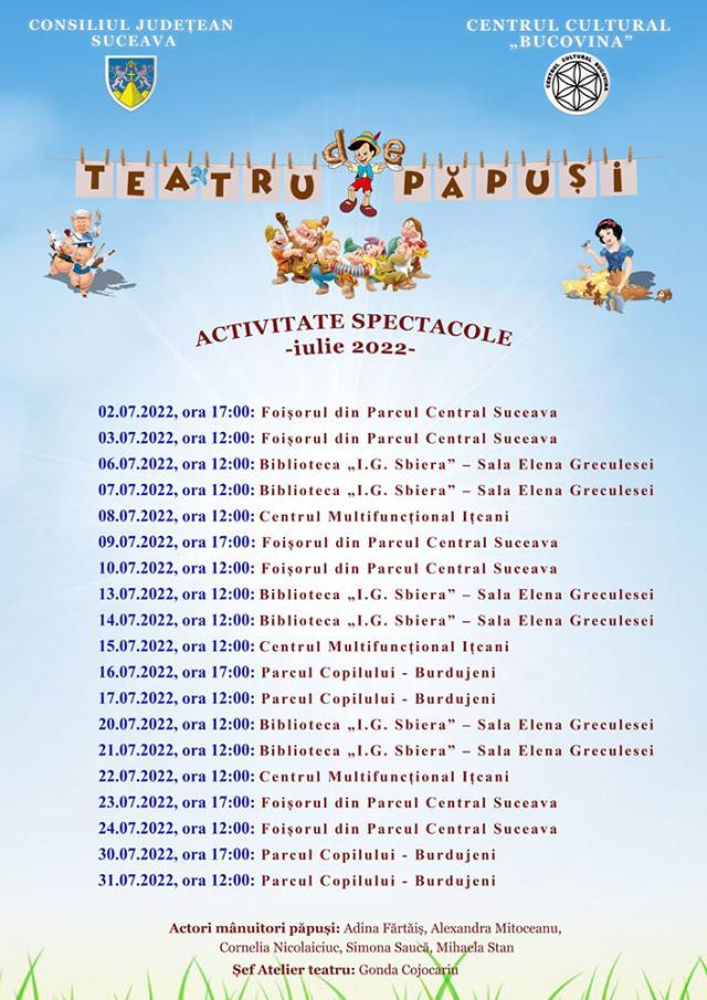 Copiii din Suceava vor avea parte de spectacole de teatru de păpuși pe toată perioada vacanței de vară