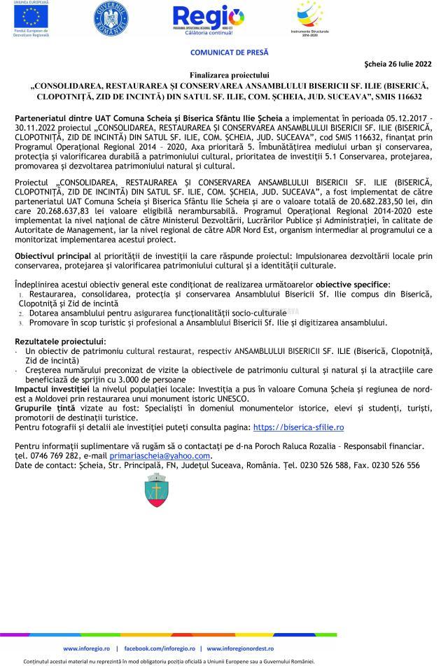 Finalizarea proiectului „CONSOLIDAREA, RESTAURAREA ȘI CONSERVAREA ANSAMBLULUI BISERICII SF. ILIE (BISERICĂ, CLOPOTNIȚĂ, ZID DE INCINTĂ) DIN SATUL SF. ILIE, COM. ȘCHEIA, JUD. SUCEAVA”, SMIS 116632
