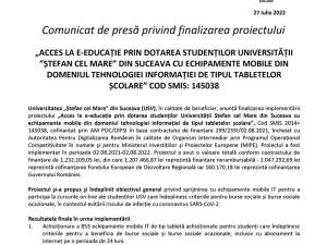 „ACCES LA E-EDUCAȚIE PRIN DOTAREA STUDENȚILOR UNIVERSITĂȚII ”ȘTEFAN CEL MARE” DIN SUCEAVA CU ECHIPAMENTE MOBILE DIN DOMENIUL TEHNOLOGIEI INFORMAȚIEI DE TIPUL TABLETELOR ȘCOLARE” COD SMIS: 145038