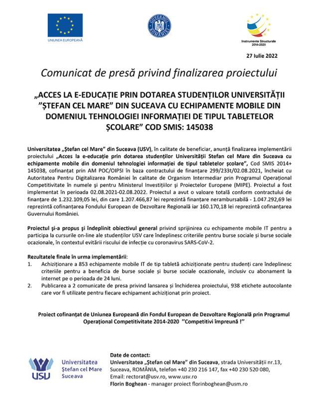 „ACCES LA E-EDUCAȚIE PRIN DOTAREA STUDENȚILOR UNIVERSITĂȚII ”ȘTEFAN CEL MARE” DIN SUCEAVA CU ECHIPAMENTE MOBILE DIN DOMENIUL TEHNOLOGIEI INFORMAȚIEI DE TIPUL TABLETELOR ȘCOLARE” COD SMIS: 145038