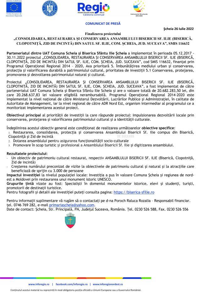 Finalizarea proiectului „CONSOLIDAREA, RESTAURAREA ȘI CONSERVAREA ANSAMBLULUI BISERICII SF. ILIE (BISERICĂ, CLOPOTNIȚĂ, ZID DE INCINTĂ) DIN SATUL SF. ILIE, COM. ȘCHEIA, JUD. SUCEAVA”, SMIS 116632