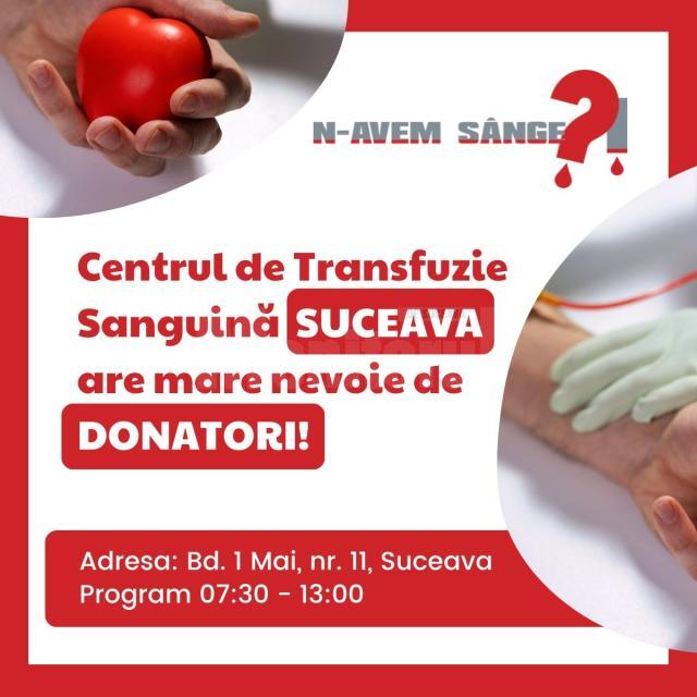 Centrul Județean de Transfuzie Sanguină face un apel în rândul sucevenilor de a dona sânge și pe perioada verii