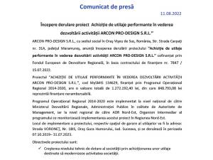 Începere derulare proiect  Achiziție de utilaje performante în vederea dezvoltării activității ARCON PRO-DESIGN S.R.L.’’