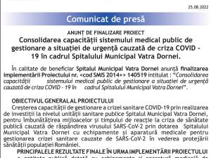 ANUNŢ DE FINALIZARE PROIECT Consolidarea capacității sistemului medical public de gestionare a situației de urgență cauzată de criza COVID - 19 în cadrul Spitalului Municipal Vatra Dornei