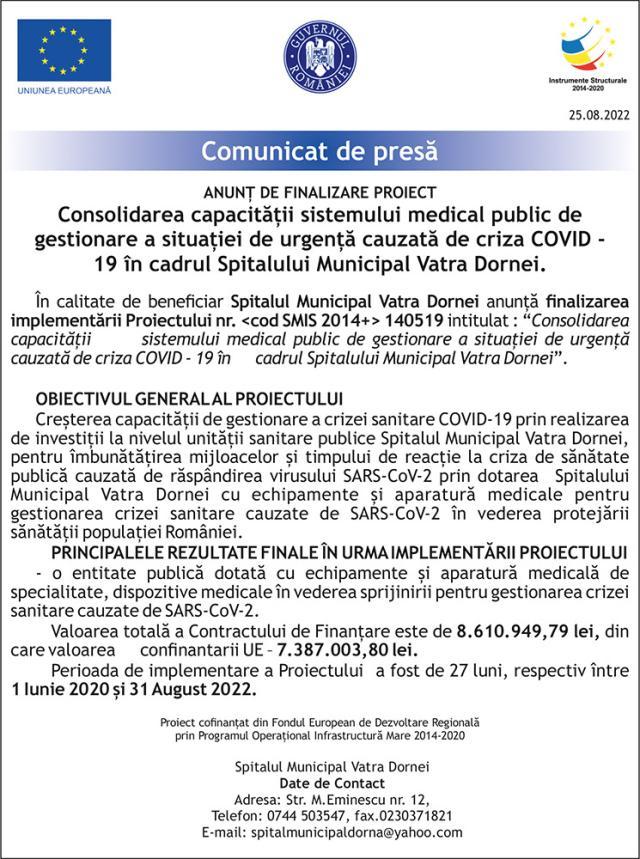 ANUNŢ DE FINALIZARE PROIECT Consolidarea capacității sistemului medical public de gestionare a situației de urgență cauzată de criza COVID - 19 în cadrul Spitalului Municipal Vatra Dornei