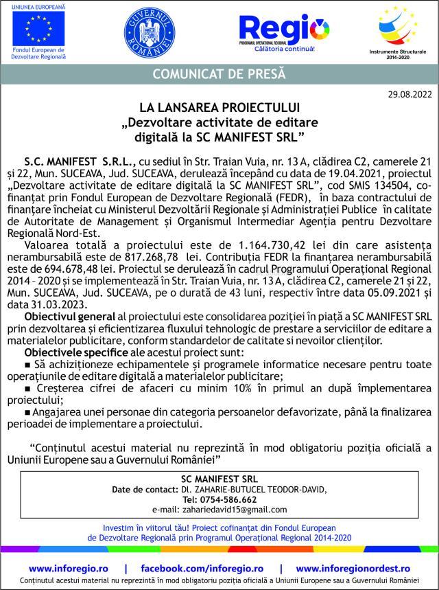 Comunicat de presă LA LANSAREA PROIECTULUI „Dezvoltare activitate de editare digitală la SC MANIFEST SRL”