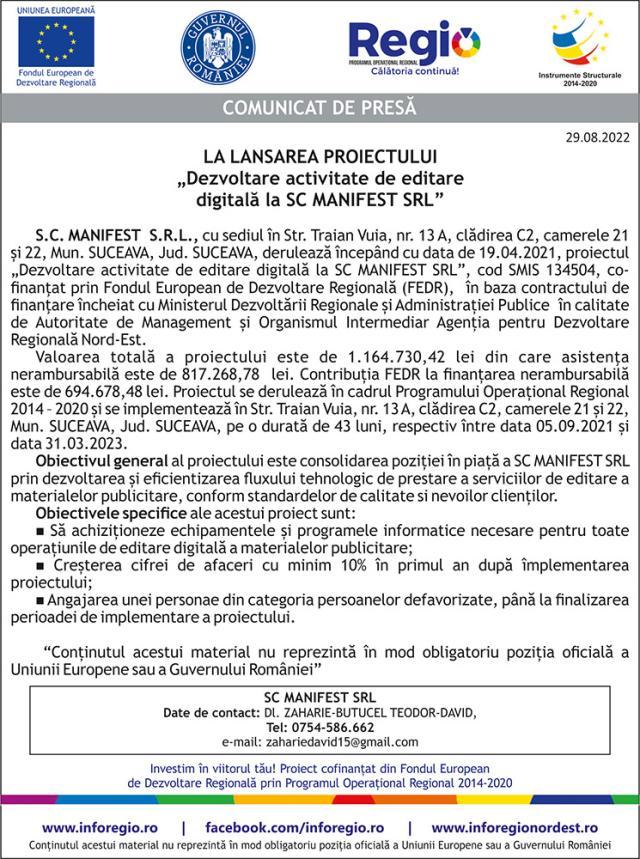 Comunicat de presă LA LANSAREA PROIECTULUI „Dezvoltare activitate de editare digitală la SC MANIFEST SRL”