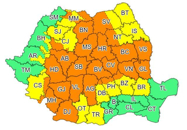 Cod portocaliu de furtuni și ploi abundente în jumătate din județ, cod galben în cealaltă