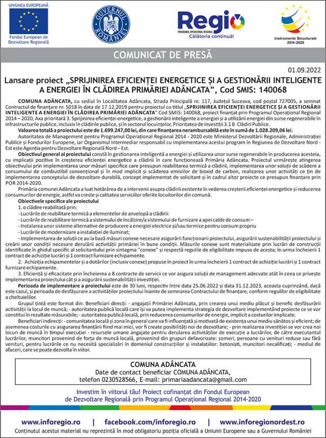 Lansare proiect „SPRIJINIREA EFICIENȚEI ENERGETICE ŞI A GESTIONĂRII INTELIGENTE A ENERGIEI ÎN CLĂDIREA PRIMĂRIEI ADÂNCATA”, Cod SMIS: 140068