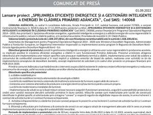 Lansare proiect „SPRIJINIREA EFICIENȚEI ENERGETICE ŞI A GESTIONĂRII INTELIGENTE A ENERGIEI ÎN CLĂDIREA PRIMĂRIEI ADÂNCATA”, Cod SMIS: 140068