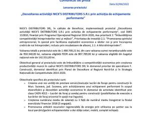 Lansarea proiectului „Dezvoltarea activităţii NICK’S DISTRIBUTORS S.R.L prin achiziția de echipamente performante”